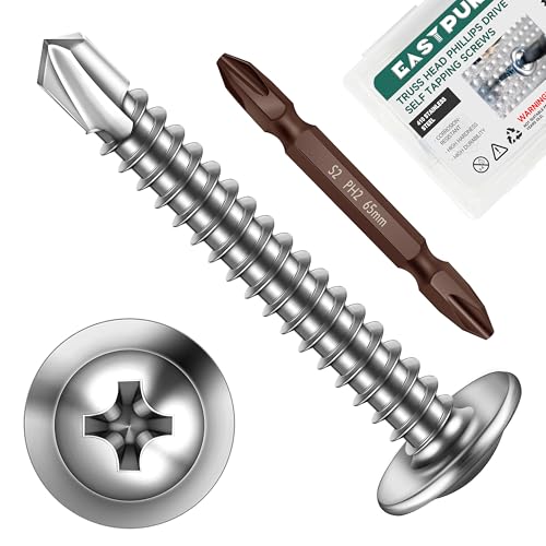 #10 x 1-1/2" Self Tapping Screws for Metal, Truss Head Phillips Drive 410 Stainless Steel Self Drilling Sheet Metal Screws with Drill Bit, Fast Tapping (Box of 100) - color: Silver, size: #10 x 1-1/2"