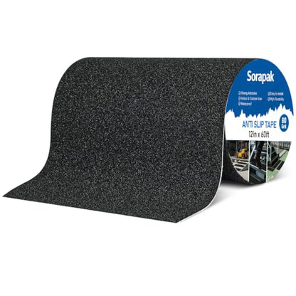 12" x 60 Ft Black Anti Slip Tape, 80 Grit Grip Tape for Stairs - size: 12'' x 60FT