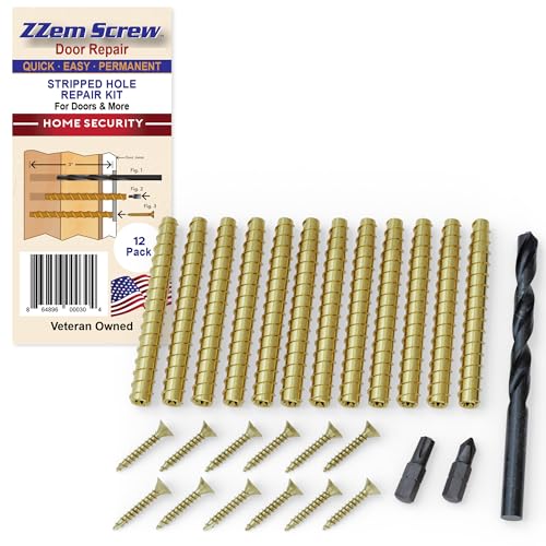 Brass 12-Pack #9 x 3 Permanent Stripped Door Hinge Screw Hole Repair Kit