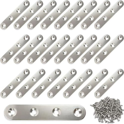24 Pack 3 Inch Stainless Steel Straight Flat Brace Mending Plates Repair Brackets for Wood Furniture with Screws - size: 24 Pcs/ 3” x 0.63”