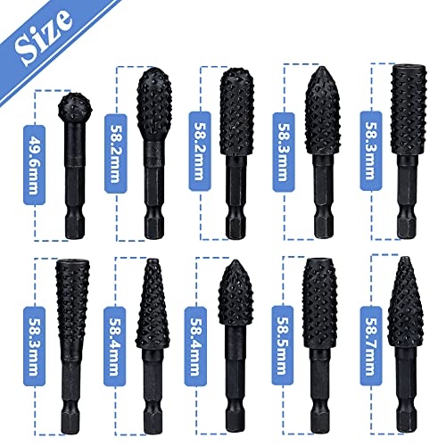 Mesee 10 Pieces Rotary Burr Rasp Set, 1/4 Inch Hex Shank Quick Change Wood Carving Drill Bits Carbon Steel File Rasp DIY Woodworking Tool for Wood Plastic Engraving Polishing Grinding
