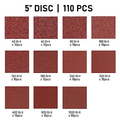 110-Pack 5 Inch 8 Hole Sanding Discs, 40-1000 Grit Hook and Loop Sandpaper - style: 110PCS (40-1000 Grit)