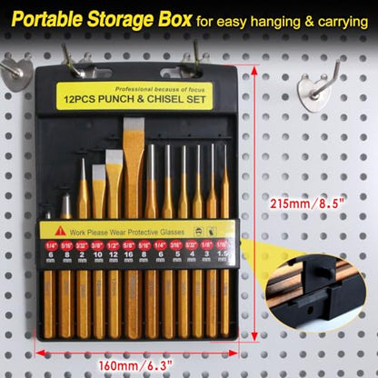 12-Piece Punch and Chisel Set, Heavy Duty Heat Treated Metal Punch