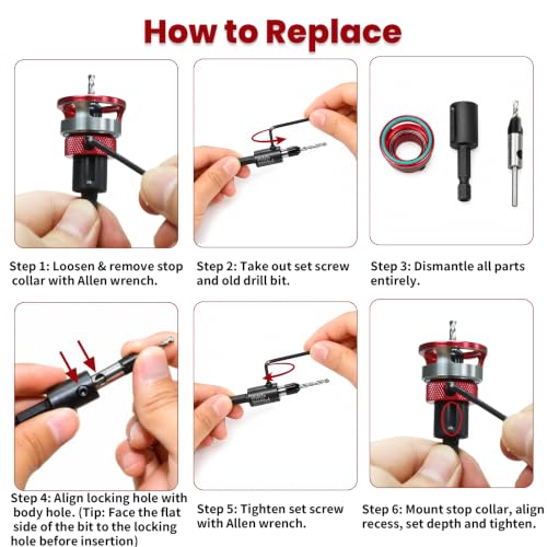 Countersink Drill Bit Set with Depth Stop, 5 PCS TCT Cutters & HSS Bits