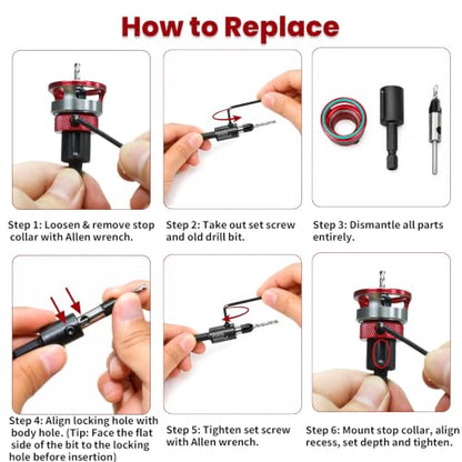 Countersink Drill Bit Set with Depth Stop, 5 PCS TCT Cutters & HSS Bits