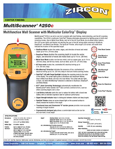 Zircon® MultiScanner™ A250c Stud Finder for Wood & Metal, Enhanced Display - size: Center Finding, style: A250c