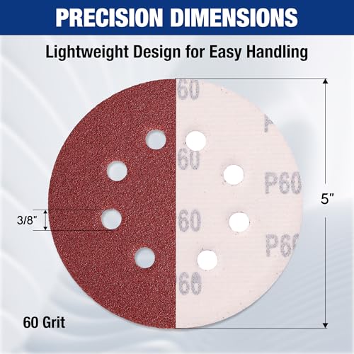 WORKPRO Sanding Discs, 5-Inch 60 Grit 8-Hole Hook and Loop, 50 Pack - style: 50PCS 5 Inch 60 Grit
