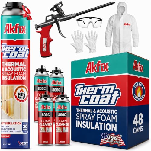Akfix Thermcoat Fire Rated Spray Foam Insulation Kit 960 sq ft (48x27.1 oz.) - 11.32/2 inch Closed Cell Expanding Wide Sealant Thermal Insulation for Walls and Attic - Gun & Cleaner Included - size: 48 Pack