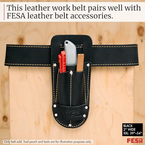 FESA Men's Leather Tool Belt - Handcrafted Top Grain Leather Tool Pouch Belt for Carpenters & Other Trade Professionals - color: Black - 2" Wide - Xxl