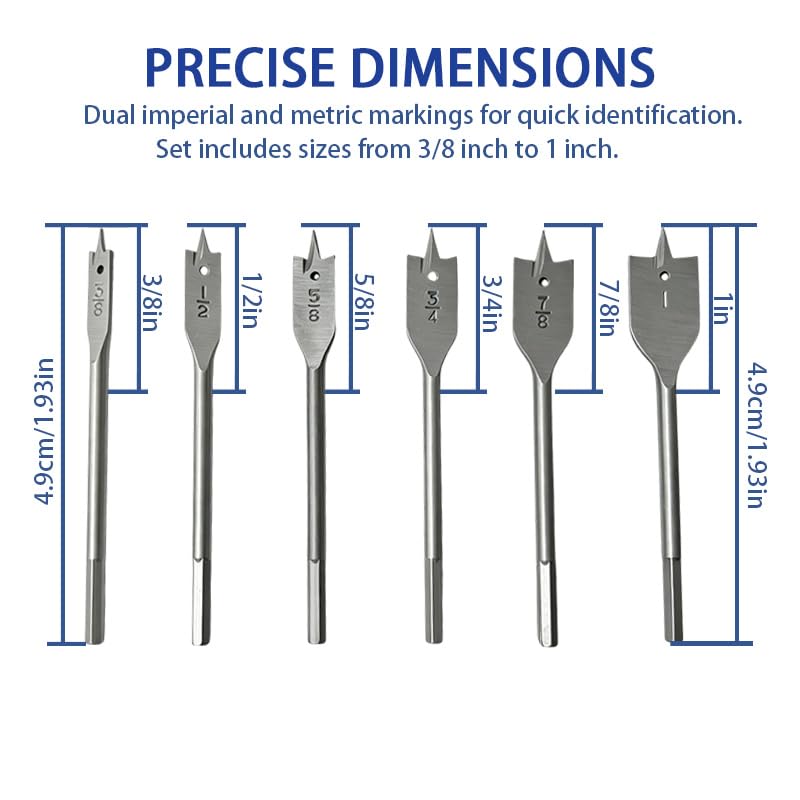 6Pcs Spade Drill Bit Set, 3/8" to 1" Titanium Coated High Carbon Steel Flat Paddle Bits, Quick Change Hex Shank Self-Centering Hole Cutter for Woodworking DIY Projects