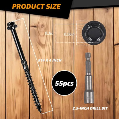 #14 x 4 Wood Structural Screws Rust Resistant Hex Head Timber Screws-55Pack - size: 14*4