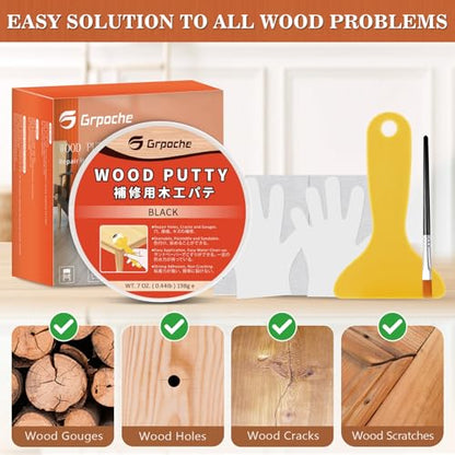 Wood Filler Putty Black Paintable, Stainable, Sandable Repair Kit 7 Ounce - color: Black