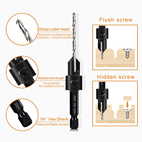 5-pc Woodworking Countersink Counterbore Drill Bit Set 3in1 for #6 8 10 12 16 Screws, M2 Pilot Drill Bits Adjustable Depth, 82-Degree Chamfer with Stop, 1/4” Hex Shank, Includes 2 Allen Wrenches - size: 5Pack Countersink Drill Bits