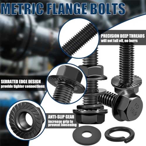 716PCS Metric Flange Bolt Kit with Wrench, Hex 10.9 Black Zinc - color: Black KIT -716PCS