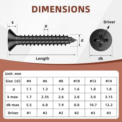 Mellewell #4 x 1-1/4" (100 PCS) Flat Head Sheet Metal Screws Wood Screws, Black Finish Stainless Steel 18-8, Self Tapping Screws - color: Black, size: #4 x 1-1/4"