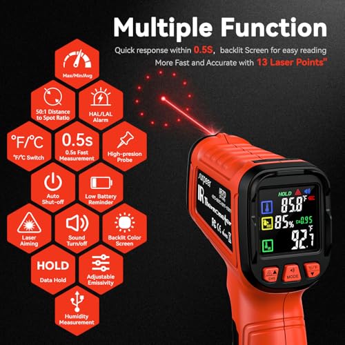Infrared Thermometer Temperature Gun 2732°F 50:1 Pyrometer - color: -58°F to 2732°F/-4°F to 932°F