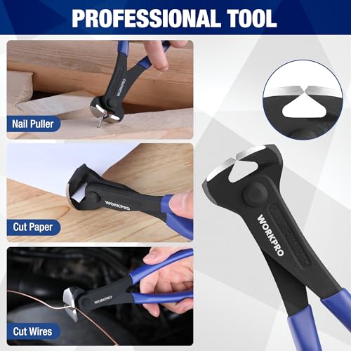 WORKPRO 8 Inch Nail Puller, End Cutting Pliers - Black Finish Chrome Vanadium Steel, High Leverage End Cutting Nipper, Carpenters Pincers, End Snips for Pulling Nails or Cutting Wires (Pack of 2) - size: Large (Pack of 2)