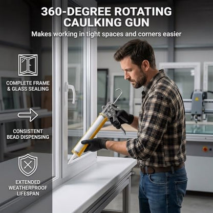 Caulk Gun Kit preventing continuous dripping with dual-mode switch, 10 OZ 360° Rotating Barrel with Scraper and Silicone Sealant for DIY Home Bathroom Renovation & Handyman
