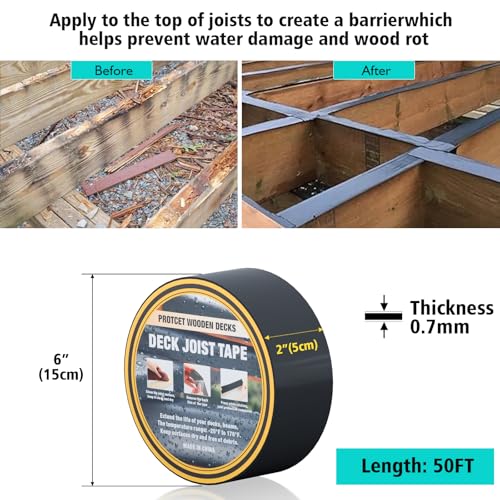 Joist Tape for Decking 2" x 50', Waterproof Tenacious Tape for Joist Protection, Butyl Sealant Tape for Deck Framing, Wood Joists, Beams, and Outdoor Structures, Heavy-Duty Adhesive Backing - size: 2" x 50ft