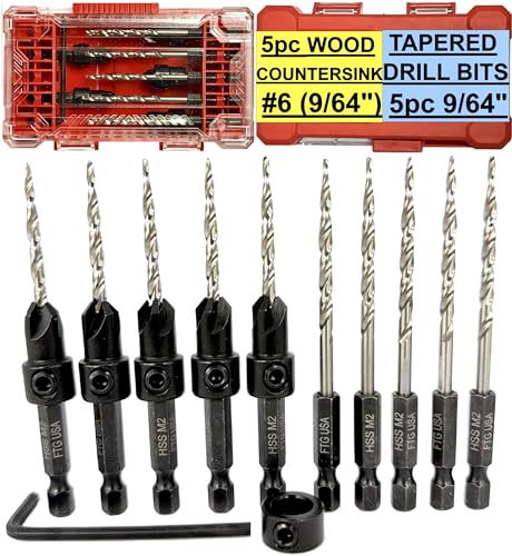 FTG USA 5 Pc #6 (9/64") Countersink Drill Bit Set with 5 Replacement Bits - size: #6
