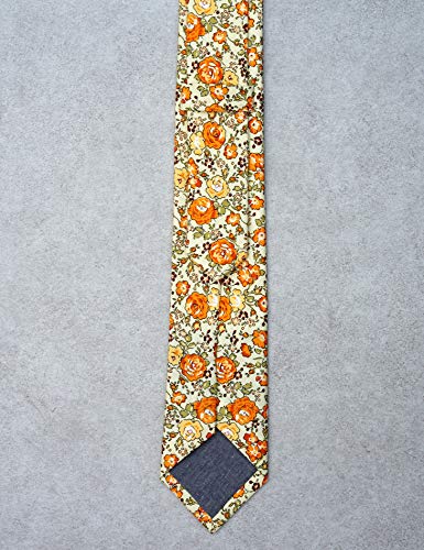 Cotton 2.5-Inch Skinny Floral Tie and Pocket Square Set for Men - color: Beige Orange
