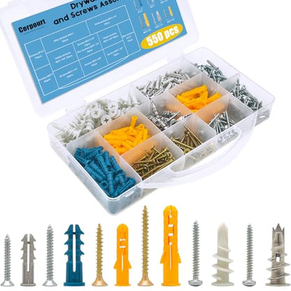 550Pcs Drywall Anchors and Screws Kit,275 Plastic & Heavy Duty Zinc Self-Drilling Anchors and 275 Flat Head Screws,Multiple Sizes Anchors for Drywall Hanging and Mounting
