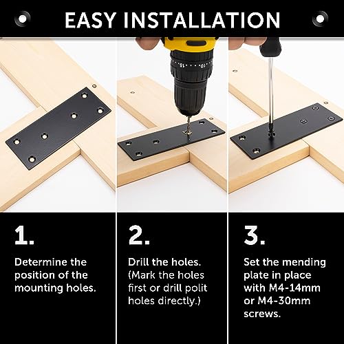 4 Pcs Flat Straight Mending Metal Plate 1-15/16" x 6-1/16", Heavy Duty Black Straight Bracket, Repair Joining Fixing Brace for Wooden Furniture，6 Holes with 2 Sizes Screws