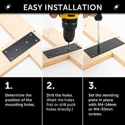 4 Pcs Flat Straight Mending Metal Plate 1-15/16" x 6-1/16", Heavy Duty Black Straight Bracket, Repair Joining Fixing Brace for Wooden Furniture，6 Holes with 2 Sizes Screws