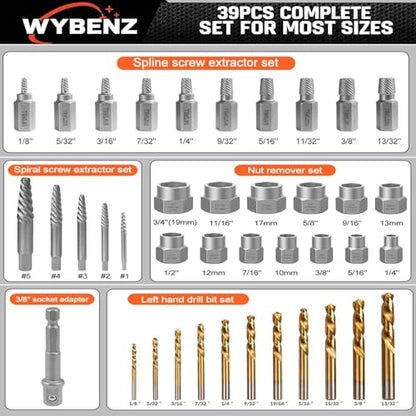 39PCS Screw Extractor Bolt Extractor Set with Left Hand Drill Bit Set - size: 39PCS