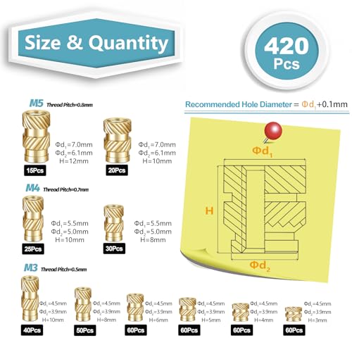 KADRICK M3-M5 Heat Set Inserts Kit,420PCS Brass Thread Inserts for 3D Print - size: Kit M3-M5 420Pcs
