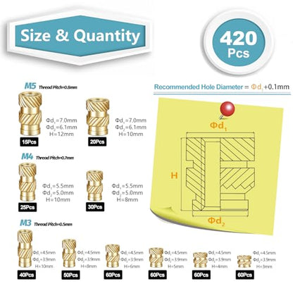 KADRICK M3-M5 Heat Set Inserts Kit,420PCS Brass Thread Inserts for 3D Print - size: Kit M3-M5 420Pcs