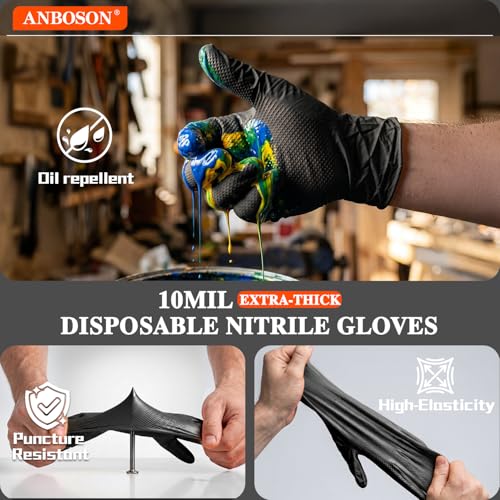 ANBOSON 10 Mil Heavy Duty Mechanic Nitrile Gloves, Large Black 100 Count - color: Black-100, size: Large