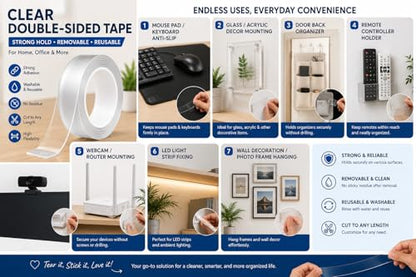 Double Sided Mounting Tape, Heavy Duty Clear Adhesive Tape, Removable Wall Mounting Tape for Home, Office, Crafts & DIY, 3m x 3cm, 1mm Thick
