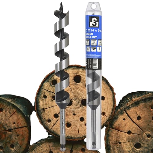 SOMADA 1" x 10" Auger Drill Bit for Wood, Ship Auger Hex Shank - size: 1"x10" Silver