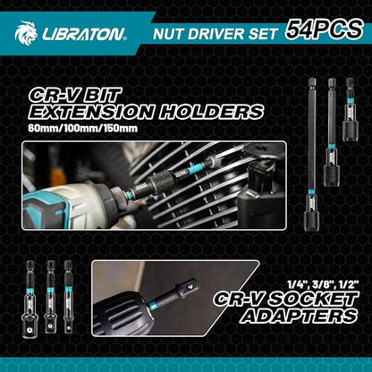 LIBRATON 54PCS Magnetic Nut Driver Set, Impact Drill Driver Bit Set 1/4"