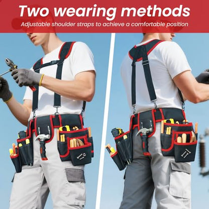 FamilyKit Tool Belt With Suspenders, Magnetic Heavy Duty Tool Belts for Men - color: Black-red