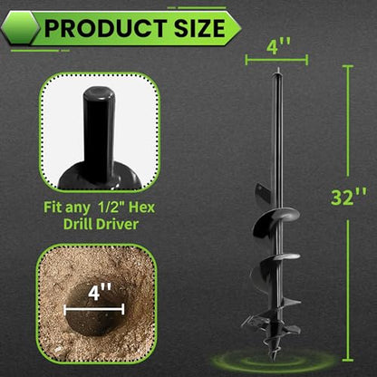Auger Drill Bit for Planting - 4"X32" Heavy-Duty Auger Post Hole Digger for Fence- 1/2" Hex Drive Drill - size: 4"X32"