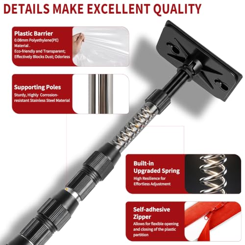 12FT Dust Barrier Poles, 4 Pack Spring Retractable Zipper Wall Pole Kit