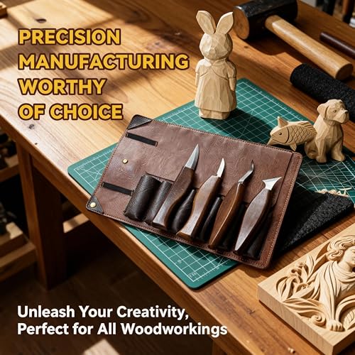 Dysenklan Wood Carving Kit Deluxe-Whittling Knife with PU Storage Bag,4 Wood Carving Knives 4 Detail Knives 6 Blocks, Woodworking Widdle Gift for Beginners Kids Adults Hobby
