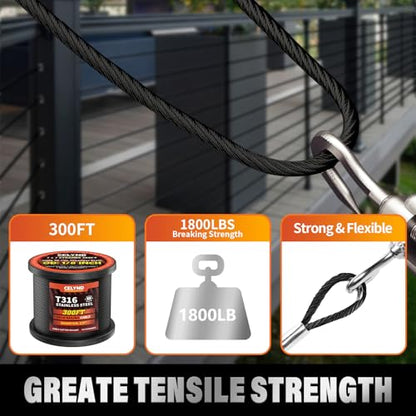 Black Stainless Steel Cable for Railing - 300FT 1/8" T316 Wire Rope - size: 300FT
