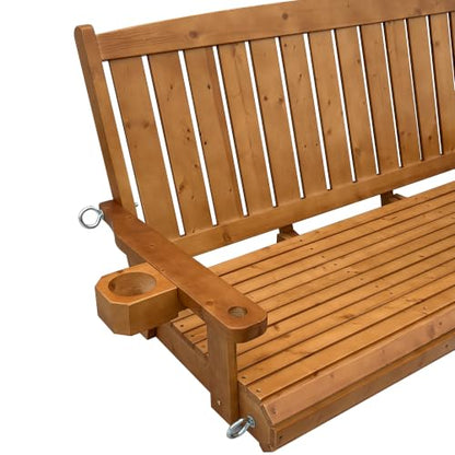 Wooden Porch Swing 3-Seater, Bench Swing with Cupholders (Brown, 5 FT Extra Large)