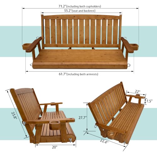 Wooden Porch Swing 3-Seater, Bench Swing with Cupholders (Brown, 5 FT Extra Large)