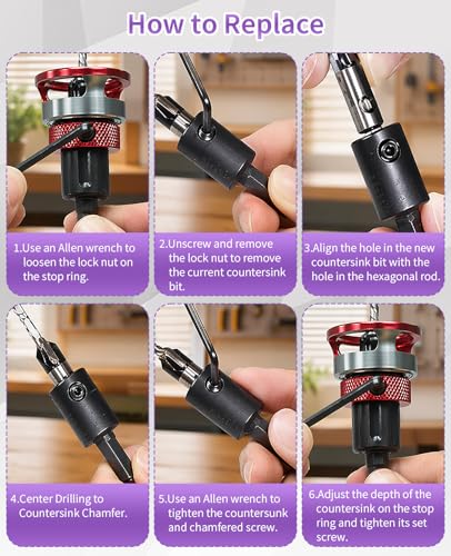 Countersink Drill Bit Set for Wood, 8-Piece Depth Stop Collar
