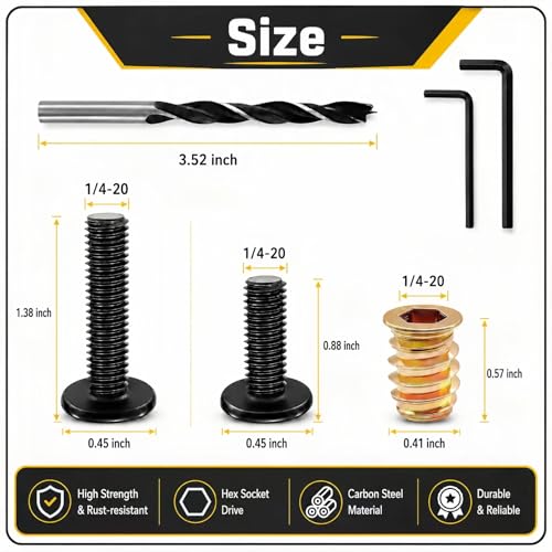 40PCS 1/4"-20x15mm Threaded Inserts for Wood with Bolts Kit - color: Threaded Inserts Bolt 40PCS+16PCS+26PCS