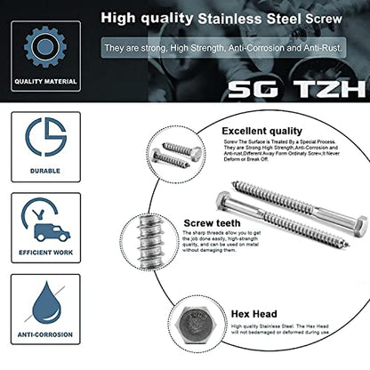 1/2" x 2" Hex Head Lag Screws Bolts 20Pcs 304 Stainless Steel 18-8, Partial Thread, Hexagon Head Wood Screws by SG TZH - size: 1/2-13 x 2"