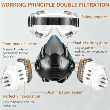 Blue Chemical Respirator with Goggle for Epoxy Resin, Painting