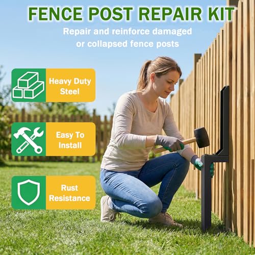 Fence Post Repair Kit, 1 Pack Heavy Duty Steel Fence Post Anchor Stakes - color: 1 Pack/Black