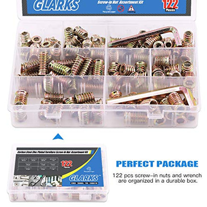 Glarks 120Pcs 1/4"-20, 5/16"-18 Threaded Inserts Nuts Assortment Set, Zinc Plated Carbon Steel Hex Socket Drive Furniture Flanged Screw-in Nut with M6 M8 Hex Wrench for Wood Furniture - size: 1/4"-20 & 5/16"-18 Assortment