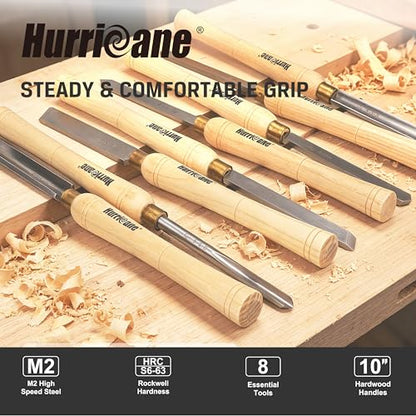 HURRICANE 8pc Wood Lathe Chisel Set, M2 HSS Wood Turning Tools with 10" Solid Hardwood Handles, Lathe Tool Kit for Beginners and DIY Hobbyists, Includes Protective Canvas Pouch - size: 8 pc with Canvas Pouch