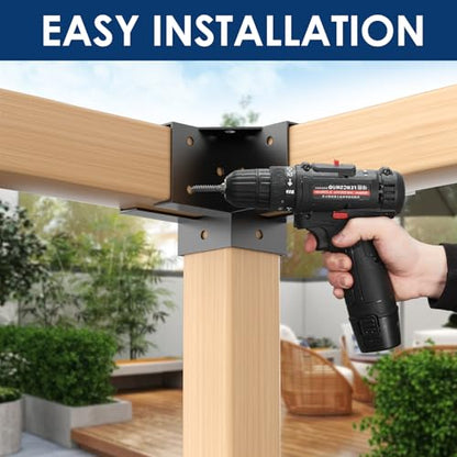 Pergola Bracket Kit 4x4(Inner 3.6"x3.6"), 4pcs 3-Way Right Angle Corner Bracket, Heavy Duty DIY Pergola Kit with Powder Coating, for Gazebos, Patio Pergolas, Log Cabin Outdoor, with Screws - size: 4x4 Corner Brackets 4pcs
